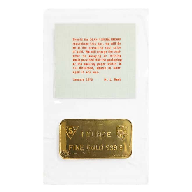 1 oz Deak Perera Vintage Gold Bar .9999 Fine in Assay (Sealed)
