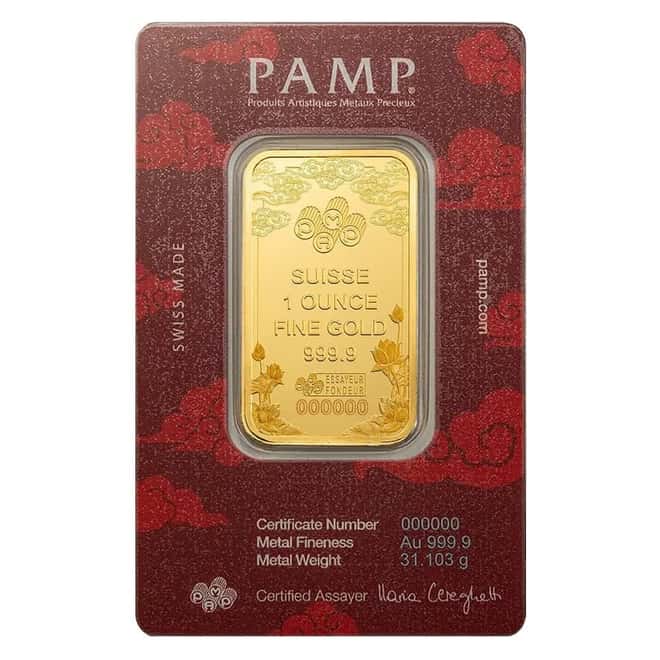 1 oz PAMP Suisse Good Luck Yellow Dragon Gold Bar .9999 Fine (in Assay)