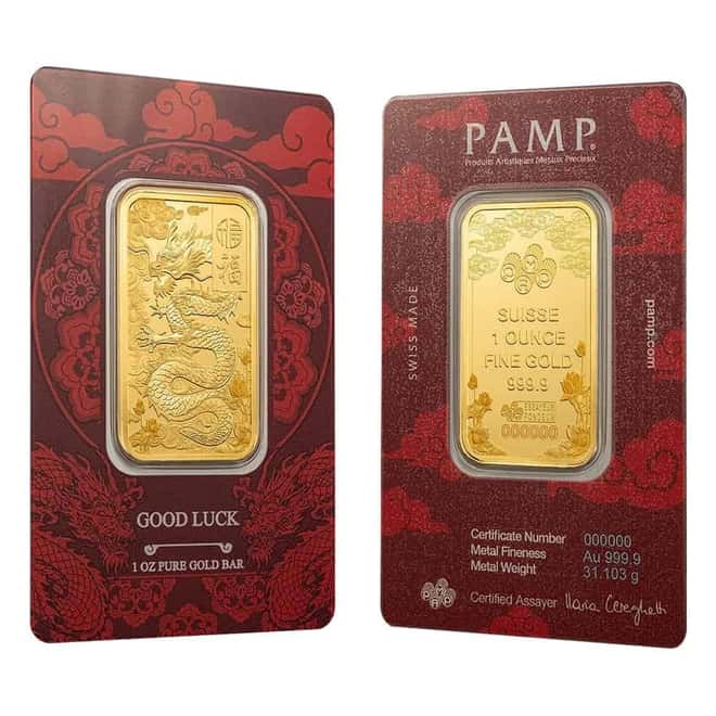 1 oz PAMP Suisse Good Luck Yellow Dragon Gold Bar .9999 Fine (in Assay)