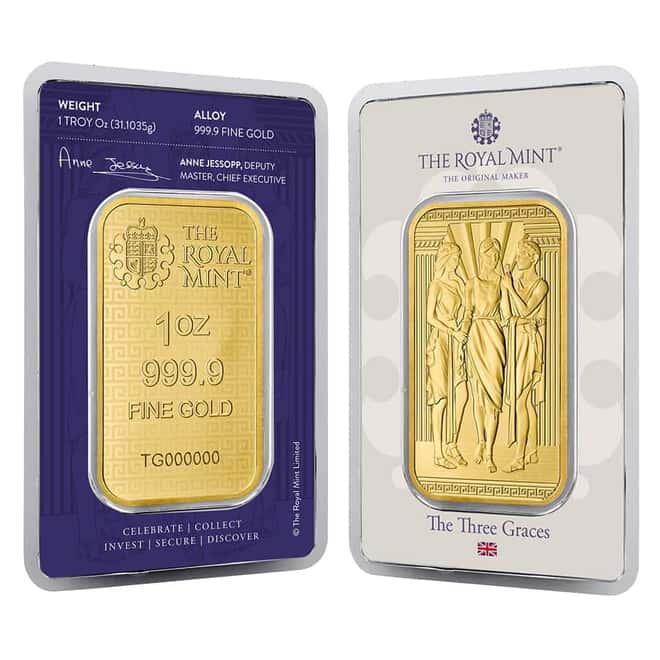 1 oz Great Britain Three Graces Gold Bar .9999 Fine (In Assay)