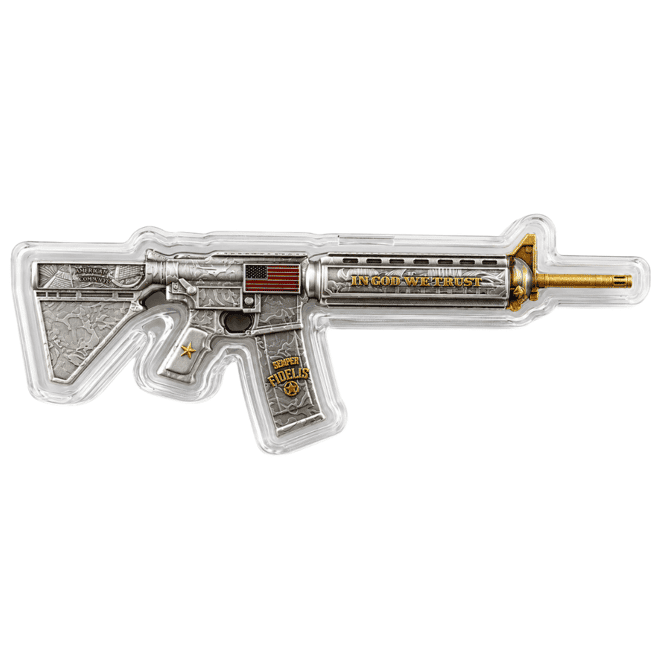 1 oz M16 Style Rifle Shaped Silver .999 Fine Antiqued Finish