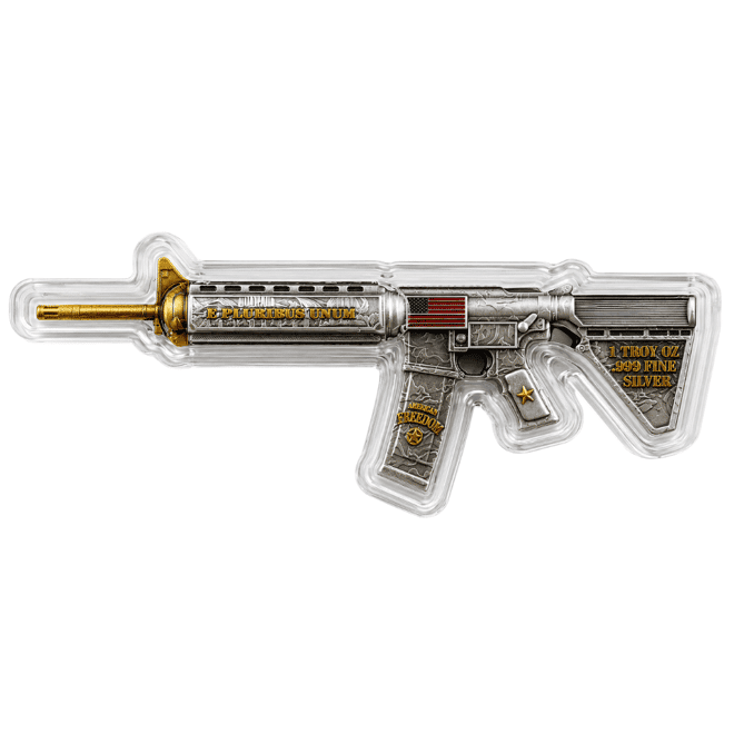 1 oz M16 Style Rifle Shaped Silver .999 Fine Antiqued Finish
