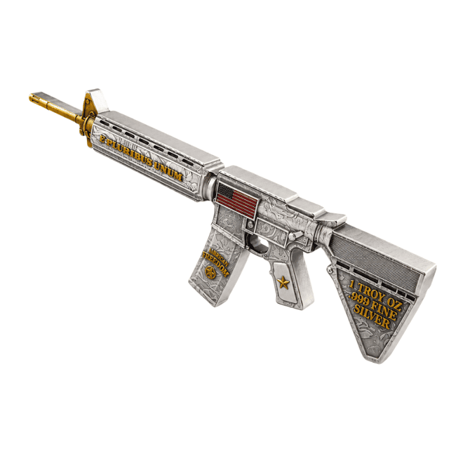 1 oz M16 Style Rifle Shaped Silver .999 Fine Antiqued Finish