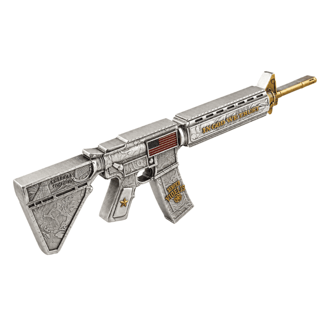 1 oz M16 Style Rifle Shaped Silver .999 Fine Antiqued Finish