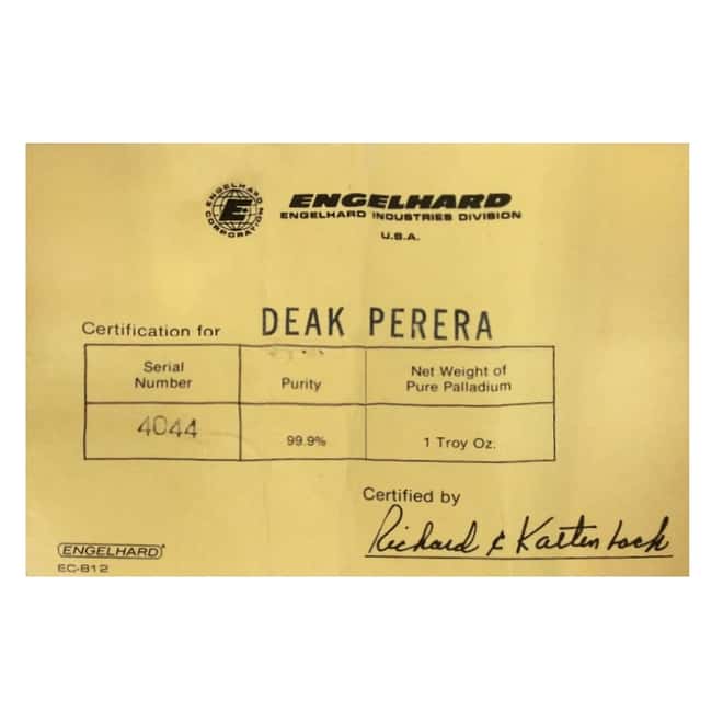 1 oz Palladium Deak Perera Engelhard Vintage Bar .999 Fine (w/ Assay)