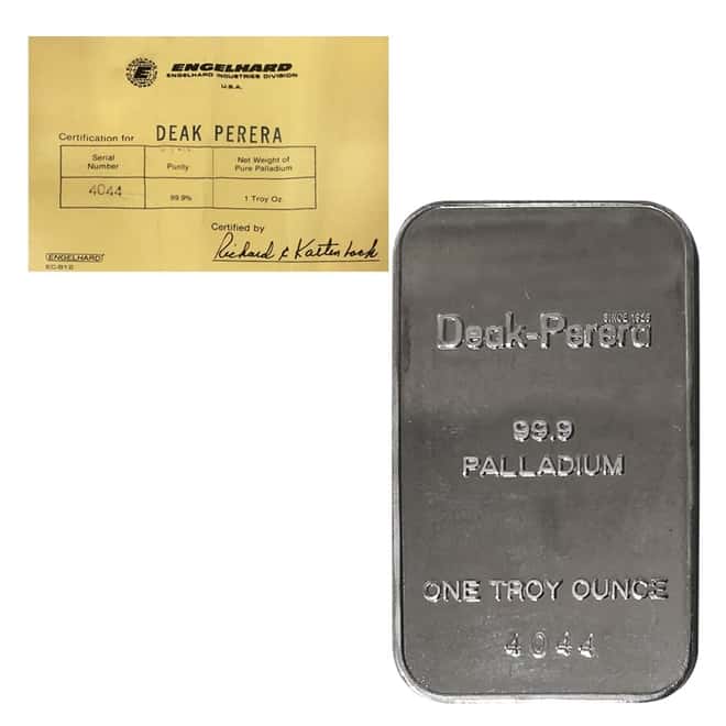 1 oz Palladium Deak Perera Engelhard Vintage Bar .999 Fine (w/ Assay)