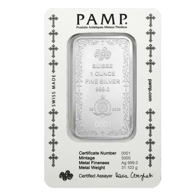 1 oz PAMP Suisse Christian Cross Silver Coin Bar (in Assay)
