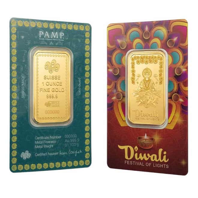 1 oz PAMP Suisse Diwali Lakshmi Gold Bar .9999 Fine (Rangoli Assay)