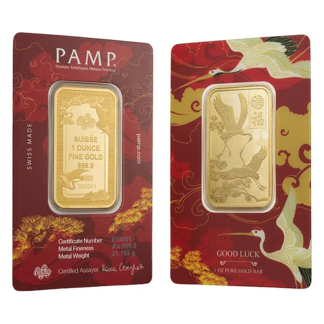 1 oz PAMP Suisse Good Luck Cranes Gold Bar .9999 Fine (in Assay)
