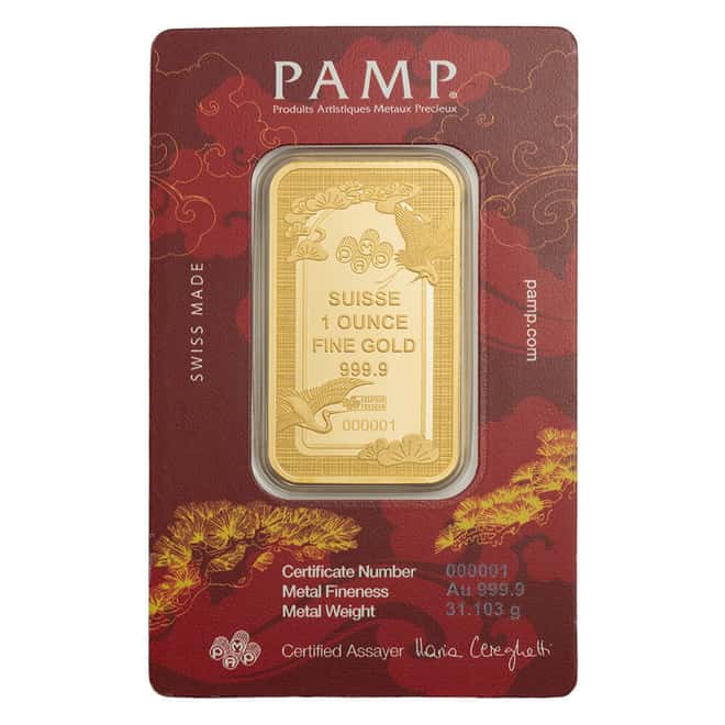 1 oz PAMP Suisse Good Luck Cranes Gold Bar .9999 Fine (in Assay)