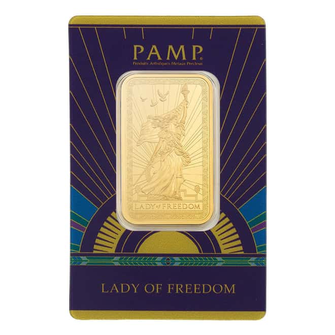 1 oz PAMP Suisse Lady of Freedom Gold Bar .9999 Fine (in Assay)