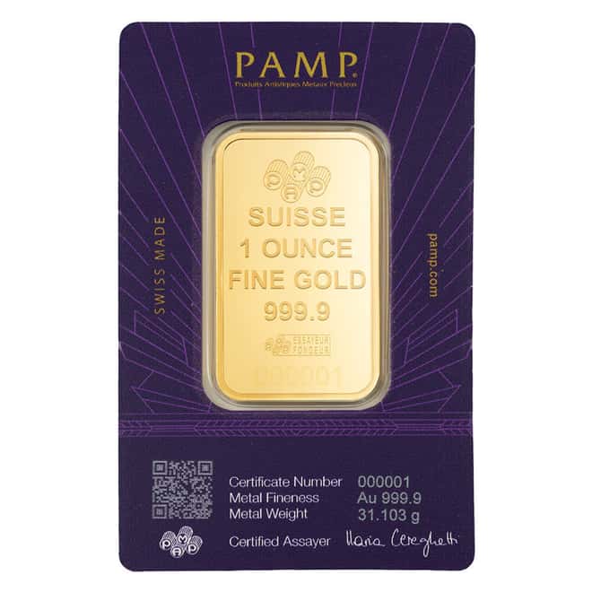 1 oz PAMP Suisse Lady of Freedom Gold Bar .9999 Fine (in Assay)