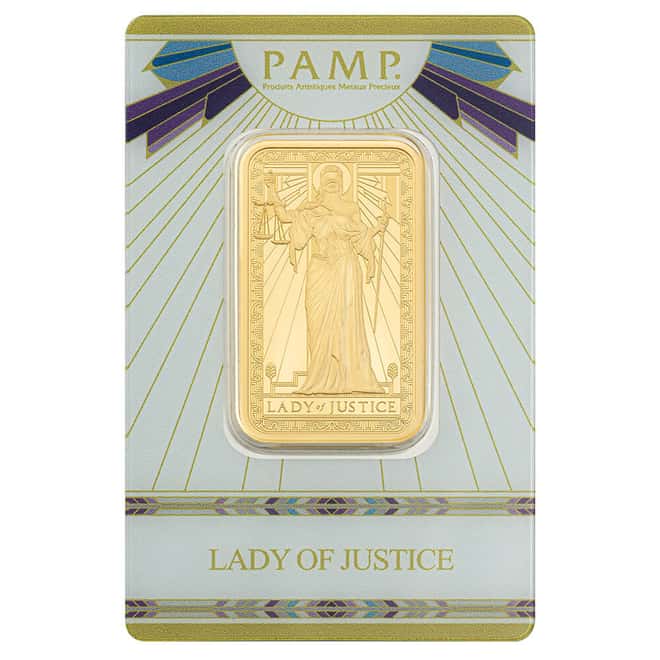 1 oz PAMP Suisse Lady of Justice Gold Bar .9999 Fine (in Assay)