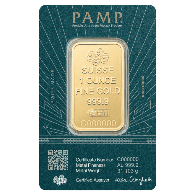 1 oz PAMP Suisse Lady of Liberty Gold Bar .9999 Fine (in Assay)