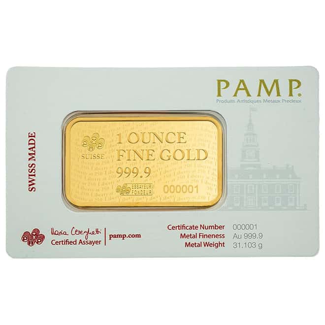 1 oz PAMP Suisse Liberty at 250 Gold Bar .9999 Fine (in Assay)