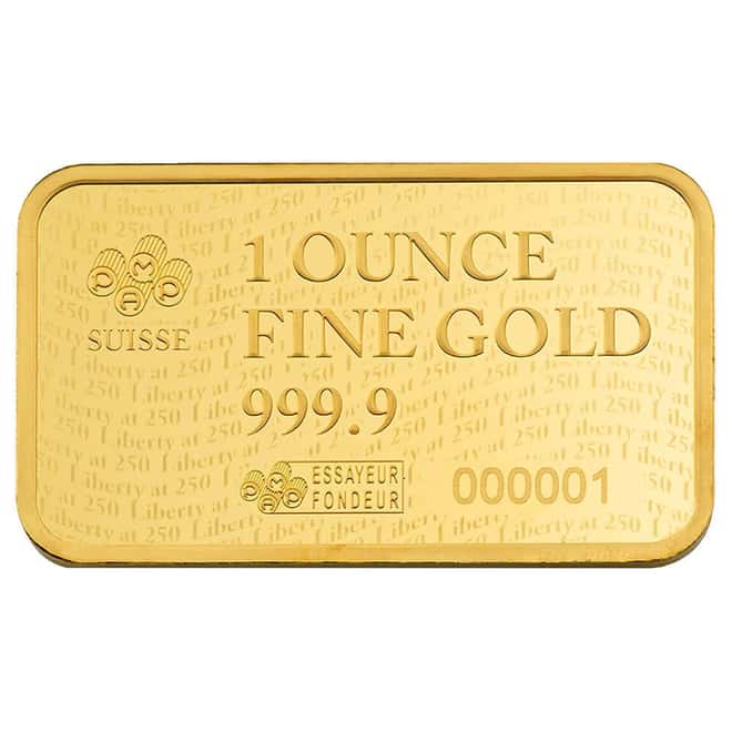 1 oz PAMP Suisse Liberty at 250 Gold Bar .9999 Fine (in Assay)
