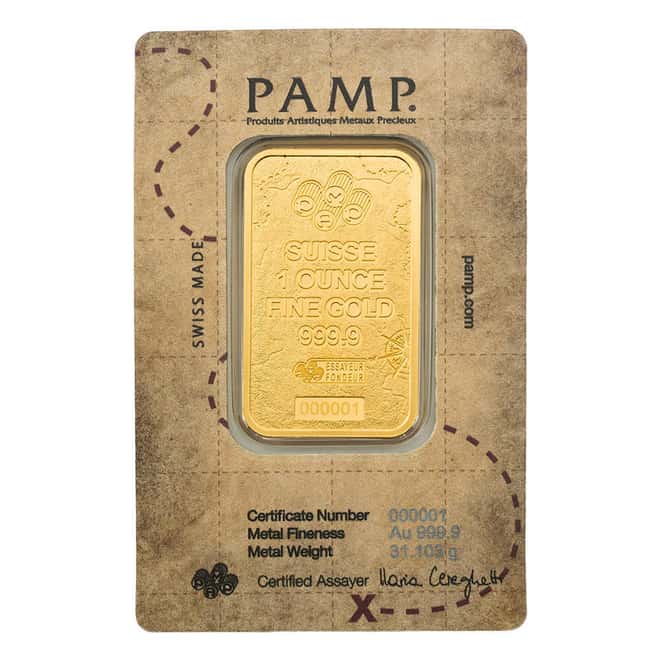 1 oz PAMP Suisse Pirate's Booty Blackbeard & Queen Anne's Revenge Gold Bar .9999 Fine (in Assay)
