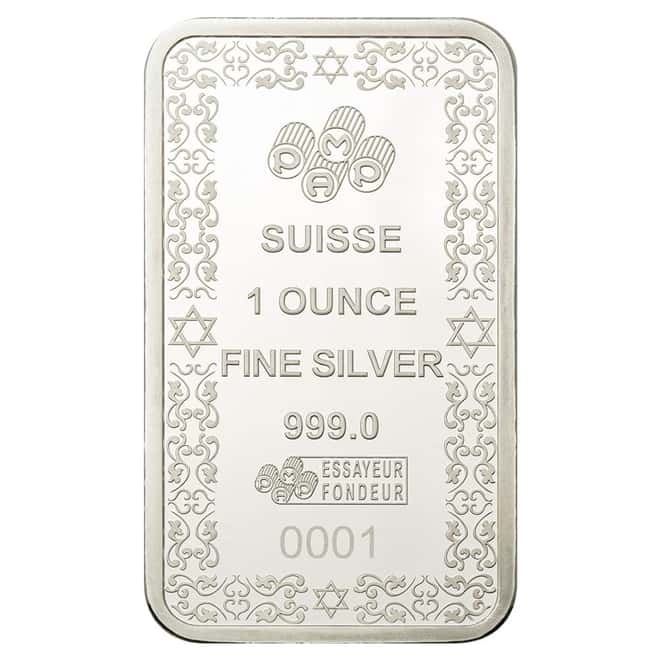 1 oz PAMP Suisse Star of David Silver Bar .999 Fine (in Assay)