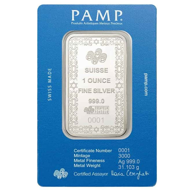 1 oz PAMP Suisse Star of David Silver Bar .999 Fine (in Assay)