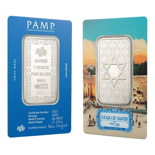 1 oz PAMP Suisse Star of David Silver Bar .999 Fine (in Assay)