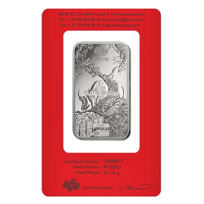 Box of 25 - 1 oz PAMP Suisse Year of the Ox Platinum Bar (In Assay)