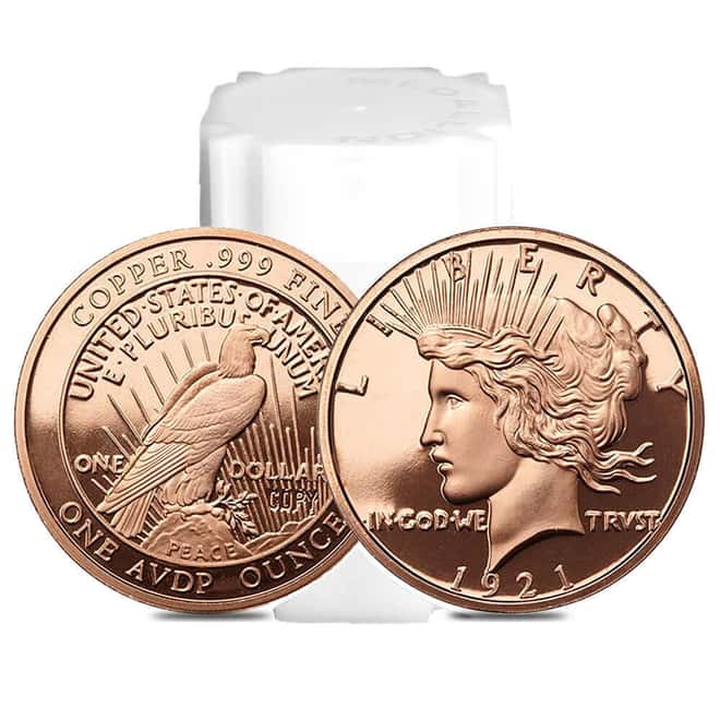 Tube of 20 - 1 oz Peace Dollar Copper Round .999 Fine
