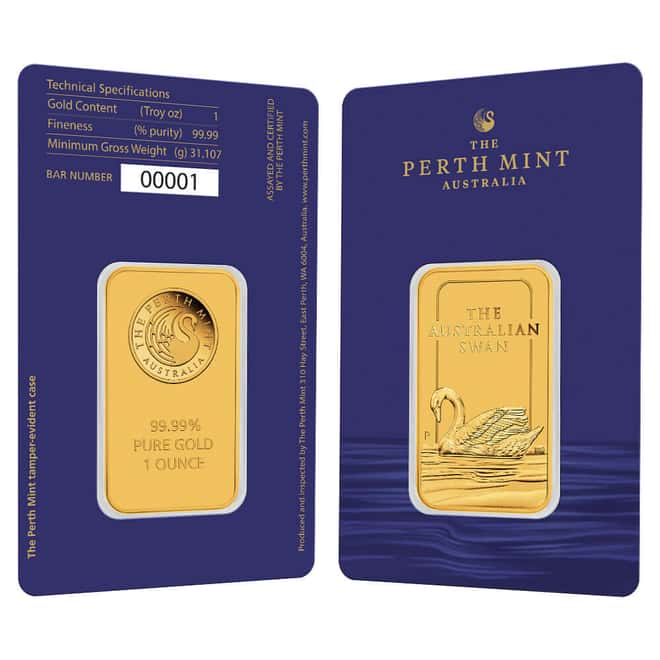 1 oz Perth Mint Swan Gold Bar .9999 Fine (in Assay)