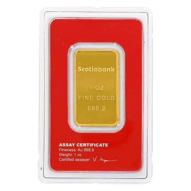 1 oz Scotiabank Gold Bar .9999 Fine (In Assay)