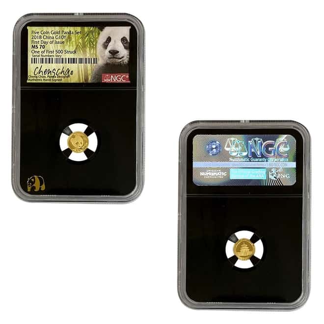 2018 1.83 oz Chinese Gold Panda 5-Coin Set NGC MS 70 FDOI (Retro, Cheng Chao Sign)