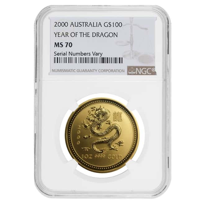 2000 1 oz Gold Lunar Year of The Dragon Australia Perth Mint NGC MS 70