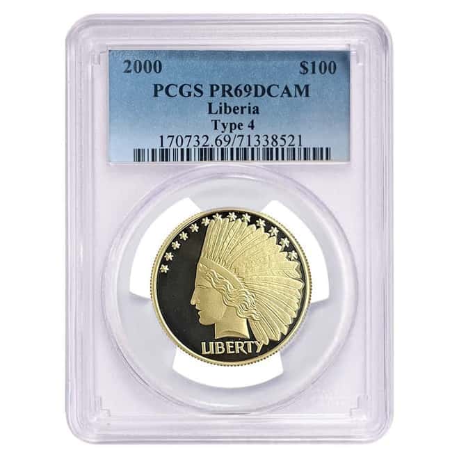 2000 1 oz Liberia Proof Liberty 100 Dollars Type 4 Gold Coin PCGS PF 69 DCAM