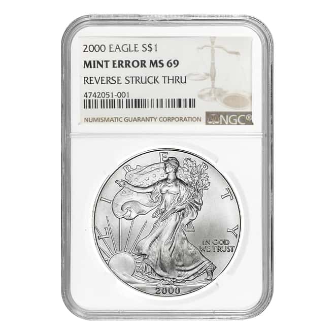 2000 1 oz Silver American Eagle NGC MS 69 Mint Error (Rev Struck Thru)