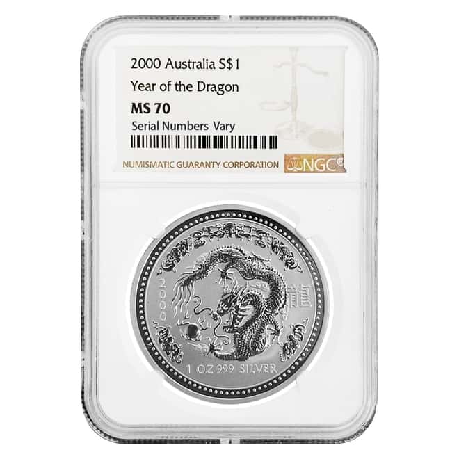 2000 1 oz Silver Lunar Year of The Dragon Australian Perth Mint NGC MS 70