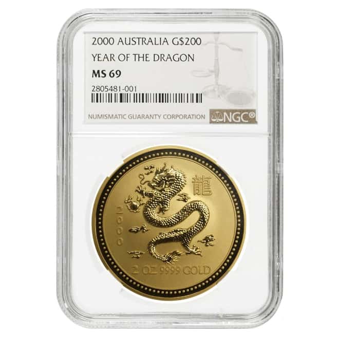 2000 2 oz Gold Lunar Year of The Dragon Australia Perth Mint NGC MS 69