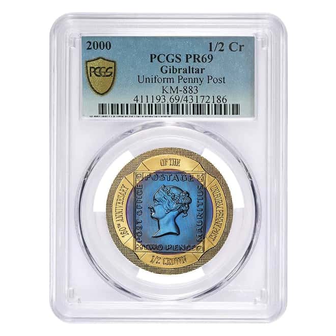 2000 Gibraltar Proof Uniform Penny Post Black Gold 1/2 Crown PCGS PF 69