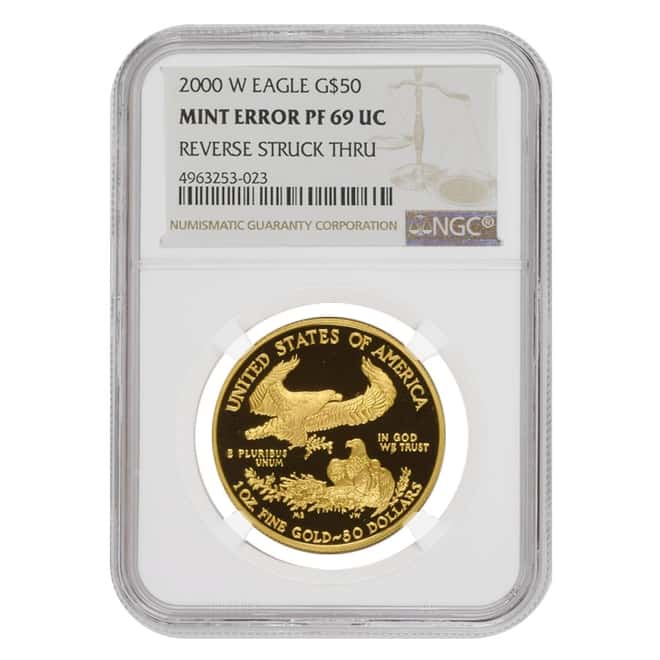 2000 W 1 oz $50 Proof Gold American Eagle NGC PF 69 UCAM Mint Error (Rev Struck Thru)