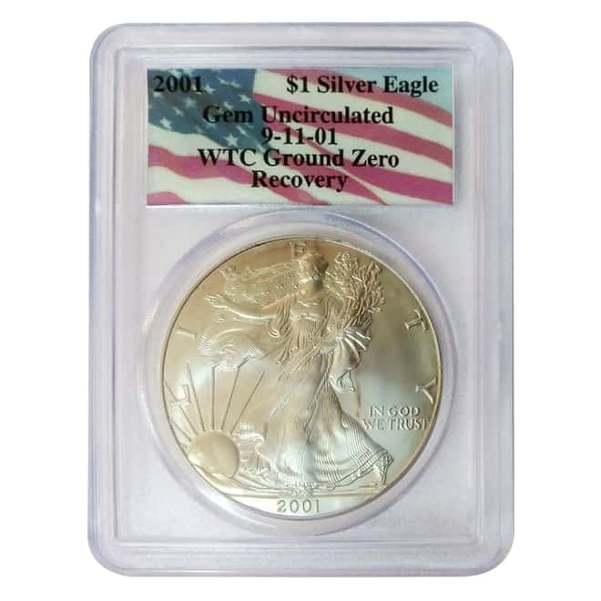 2001 1 oz Silver American Eagle $1 Coin PCGS Gem Unc 9-11-01 WTC Ground Zero Label (w/Box)