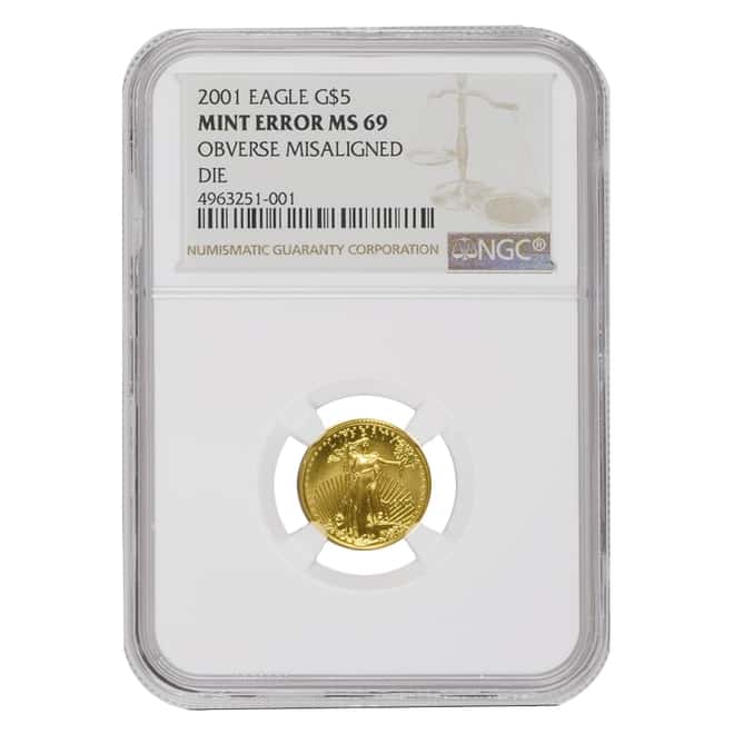 2001 1/10 oz $5 Gold American Eagle NGC MS 69 Mint Error (Obv Misaligned Die)