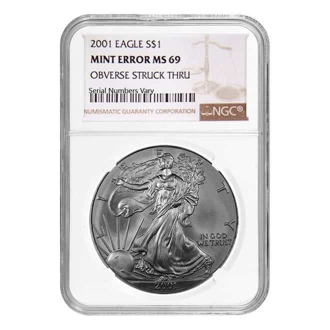 2001 1 oz Silver American Eagle NGC MS 69 Mint Error (Obv Struck Thru)