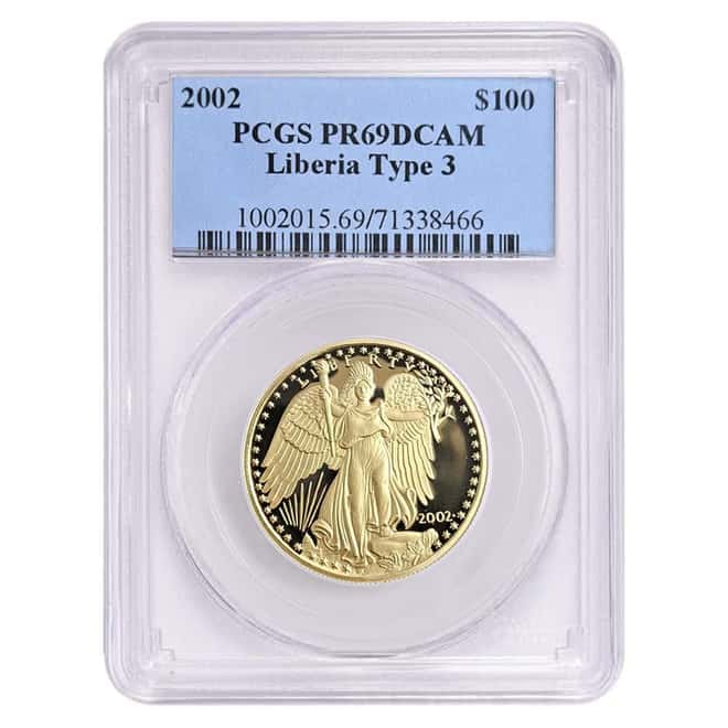 2002 1 oz Liberia Proof Liberty 100 Dollars Type 3 Gold Coin PCGS PF 69 DCAM