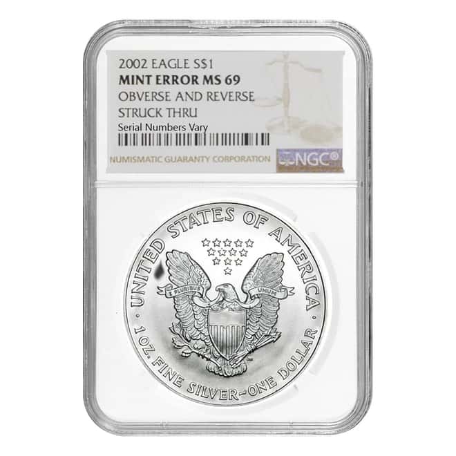 2002 1 oz Silver American Eagle NGC MS 69 Mint Error (Obv and Rev Struck Thru)