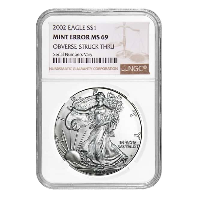 2002 1 oz Silver American Eagle NGC MS 69 Mint Error (Obv Struck Thru)