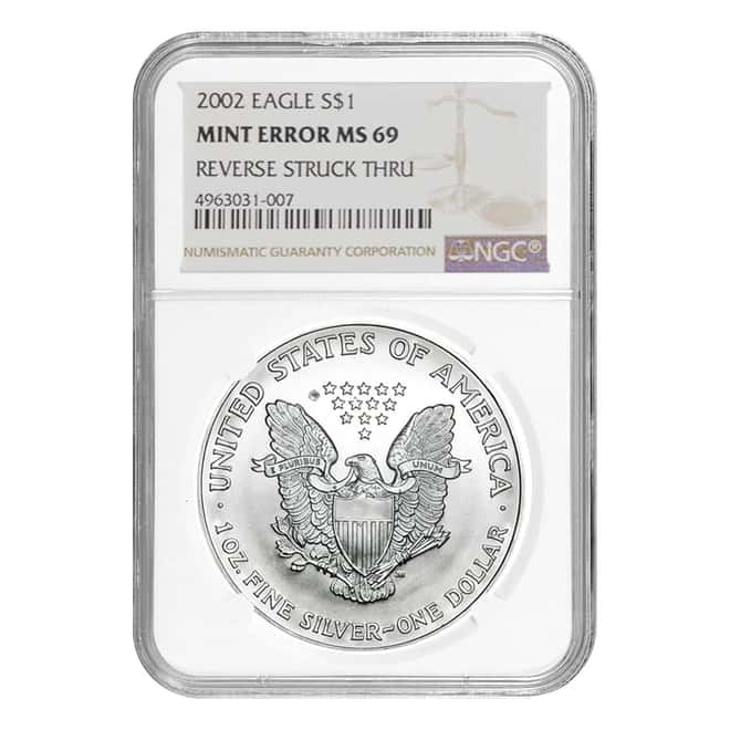 2002 1 oz Silver American Eagle NGC MS 69 Mint Error (Rev Struck Thru)