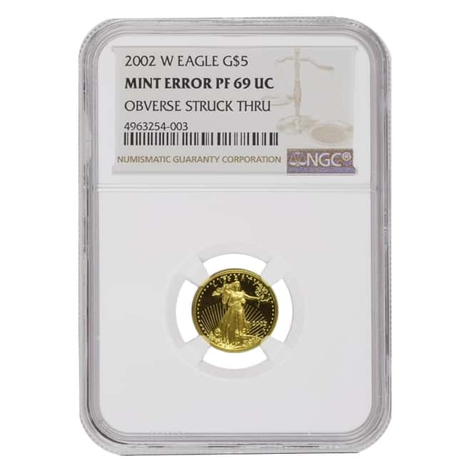 2002 W 1/10 oz $5 Proof Gold American Eagle NGC PF 69 UCAM Mint Error (Obv Struck Thru)