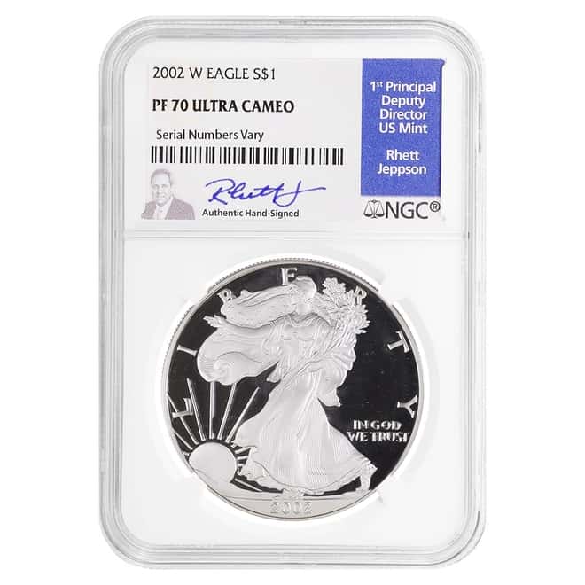 2002 W 1 oz Proof Silver American Eagle NGC PF 70 UCAM (Rhett Jeppson Sign)