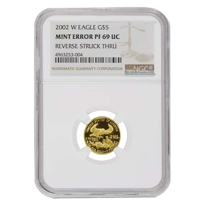 2002 W 1/10 oz $5 Proof Gold American Eagle NGC PF 69 UCAM Mint Error (Rev Struck Thru)