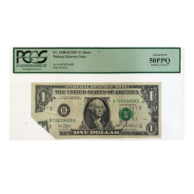 2003 $1 Federal Reserve Currency Note Error PCGS AU 50 PPQ (Printed Foldover)