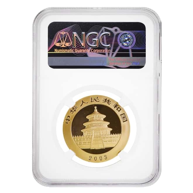 2003 1 oz Chinese Gold Panda 500 Yuan Frosted Bamboo NGC MS 70