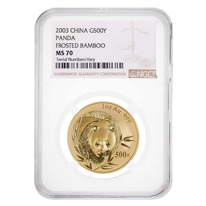 2003 1 oz Chinese Gold Panda 500 Yuan Frosted Bamboo NGC MS 70
