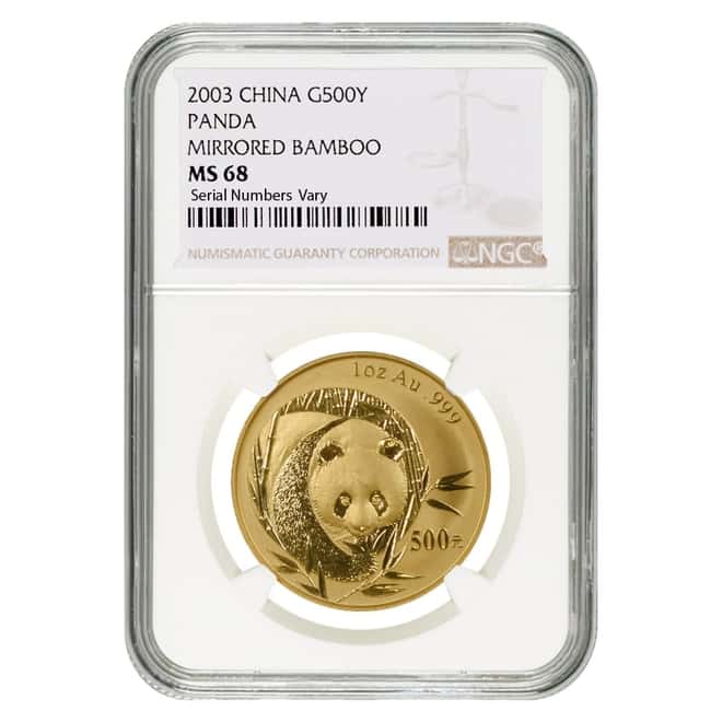 2003 1 oz Chinese Gold Panda 500 Yuan Mirrored Bamboo NGC MS 68